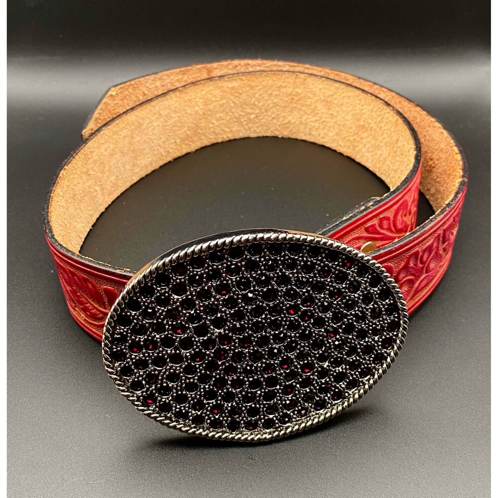 Red Embossed Western Leather Belt Rhinestone Buckle Adjustable 23"-29"